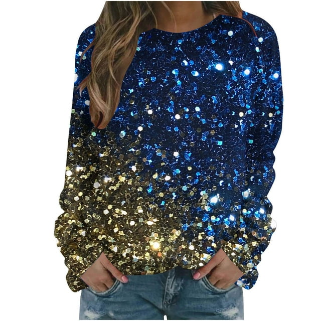 AherBiu Chandails à Col Rond pour Femmes Manches Longues Imprimé Brillant Printemps Décontracté Ample Chandail Pailleté Hauts