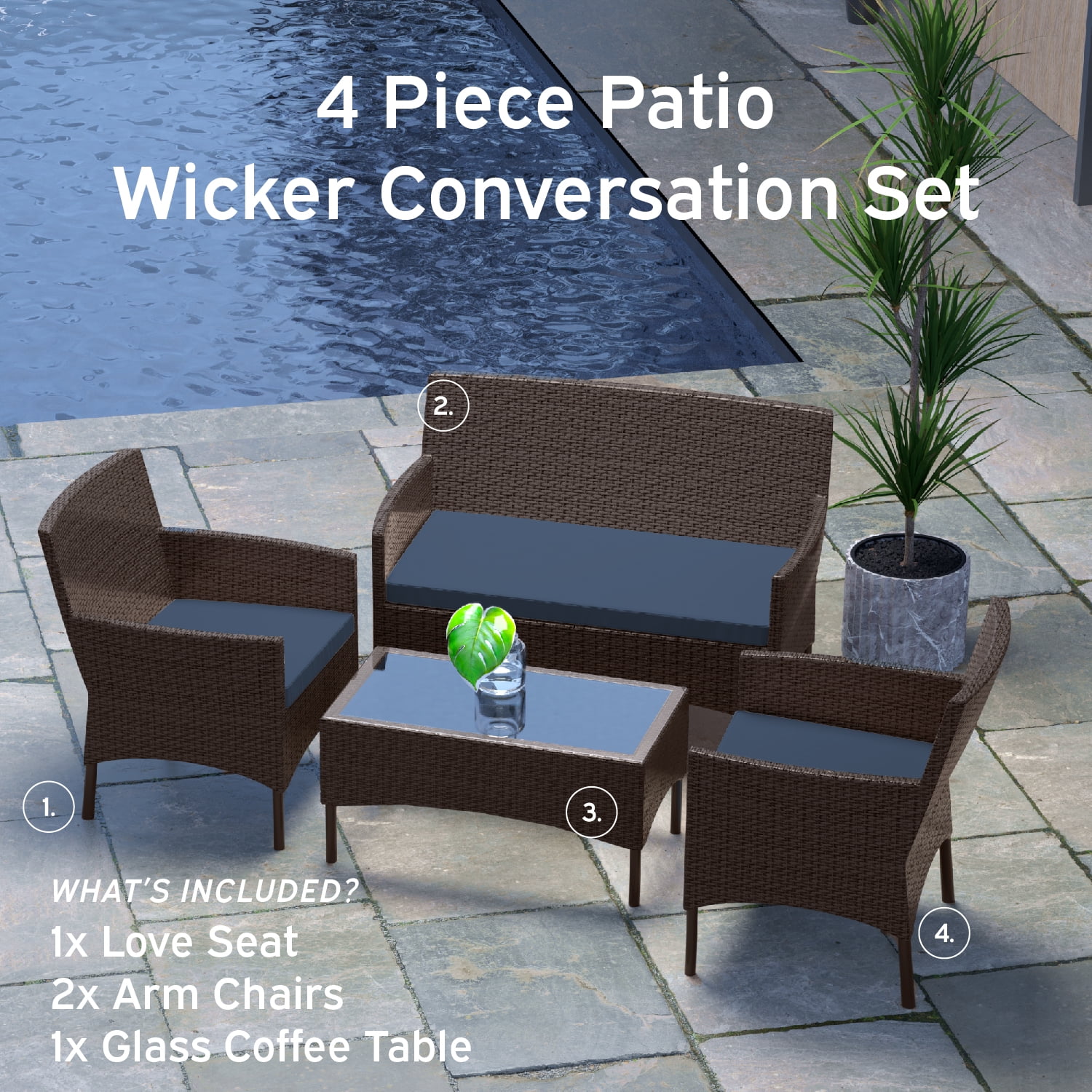 Nestl 4-Piece Outdoor Patio Furniture Set, Wicker Patio Conversation Set, Brown/Navy