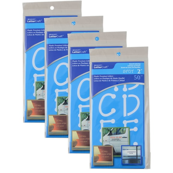 Westcott LetterCraft Reusable Plastic Stencils, Full Alphabet, Spot Font, 2-Inch, 4 Per Pack, 4 Packs