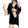 thumbnail image 3 of AINIYS V Neck Velvet Lace Trim Sleep Dress and Robe Set, Solid Color, Adjustable Straps, Women's Pajama Nightwear for Relaxing Nights Black M, 3 of 6