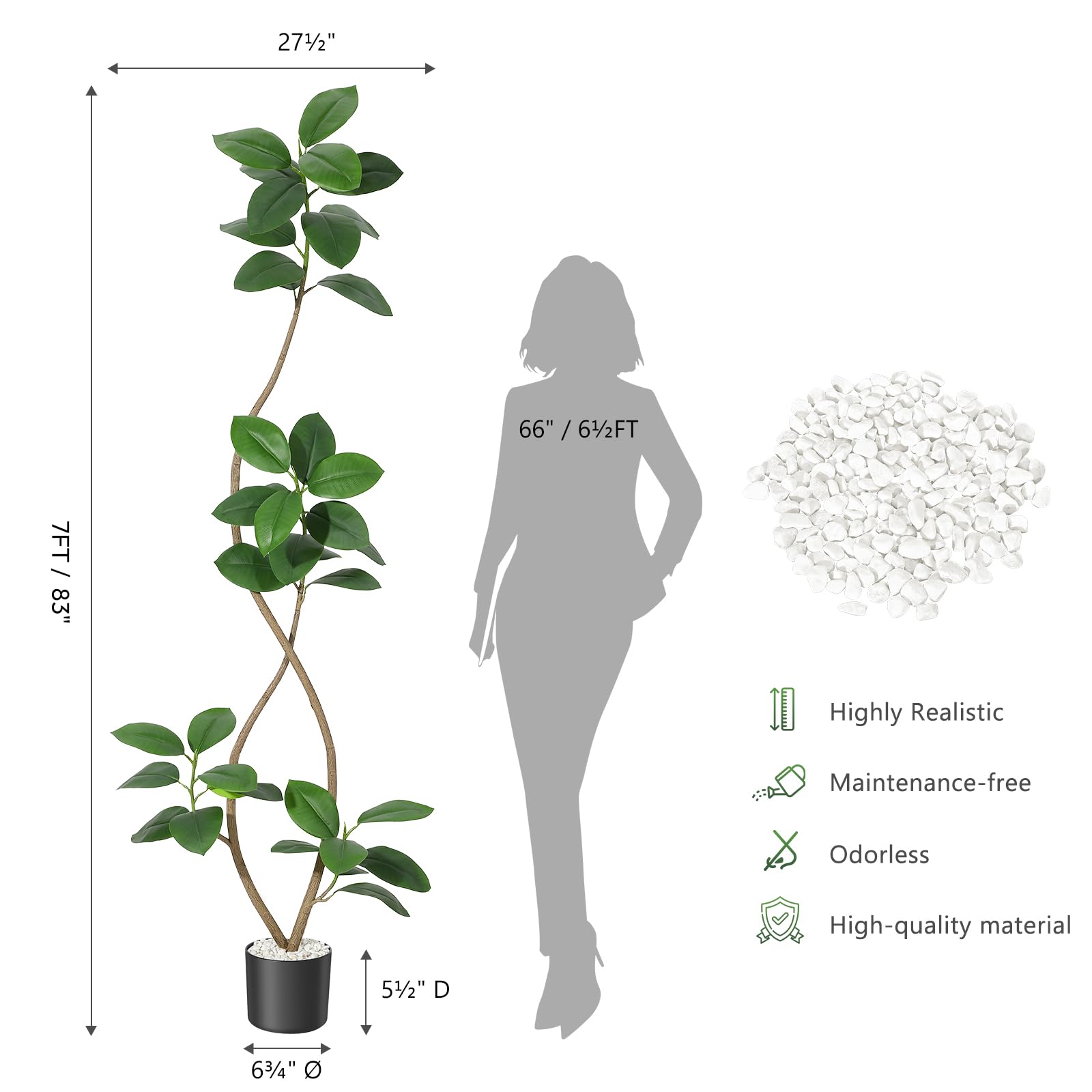5FT Artificial Plant Rubber Tree with White Sphere Resin Planter & Stone,Faux Plants Indoor Faux Floor Plant Faux Fiddle Leaf Fig Tree Indoor Artificial Tree Tall Plant Fake Tree for Home Decor