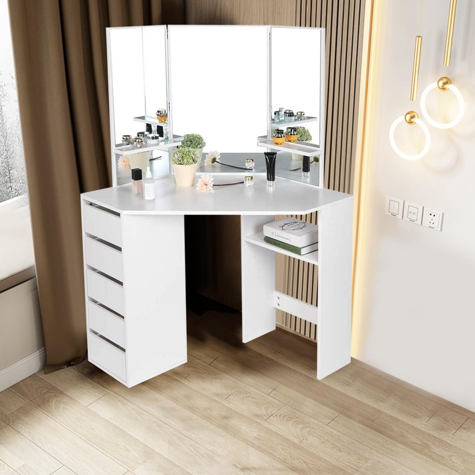 Details about   Roomsmart White Corner Makeup Vanity Table with 3 Mirrors and 5 Drawers 