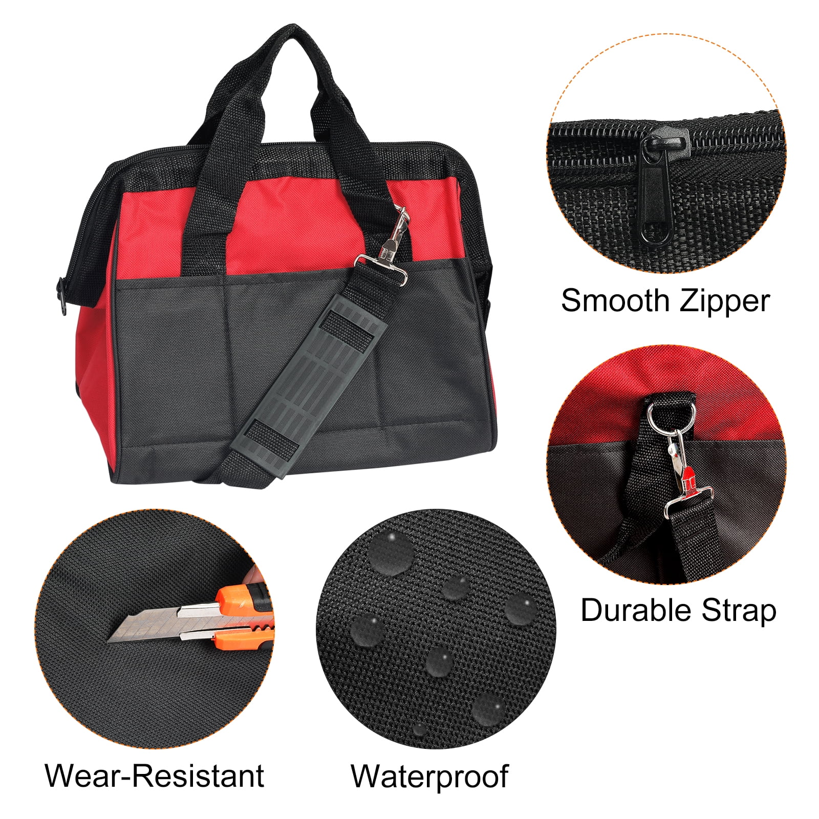 Tool Bag 12 Inch Oxford Waterproof 14 Pockets with Tool Pouch Bag & Strap Red