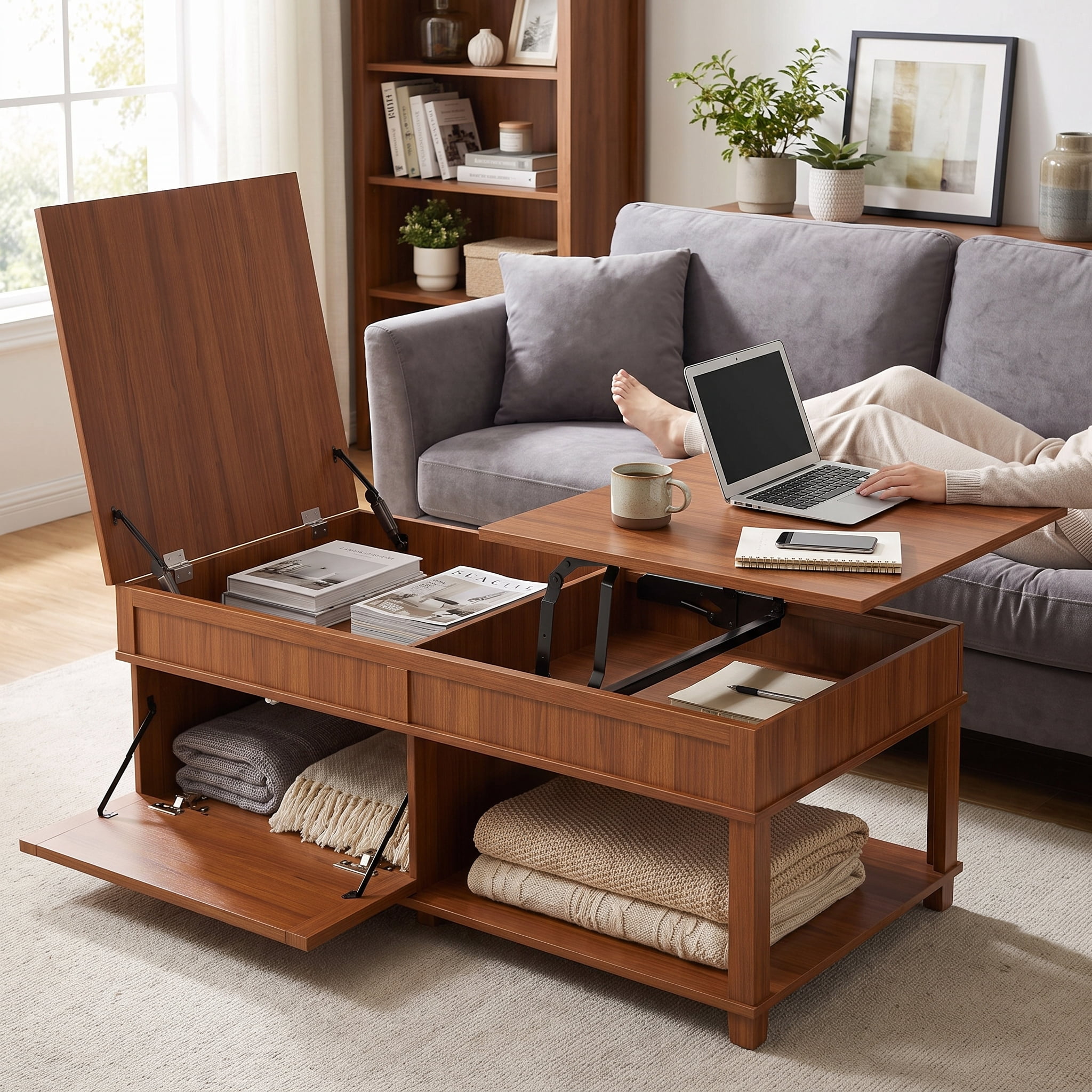 Homy Casa 46.9 in Dual Lift Top Coffee Table with Hidden Storage for Living Room Walnut Brown