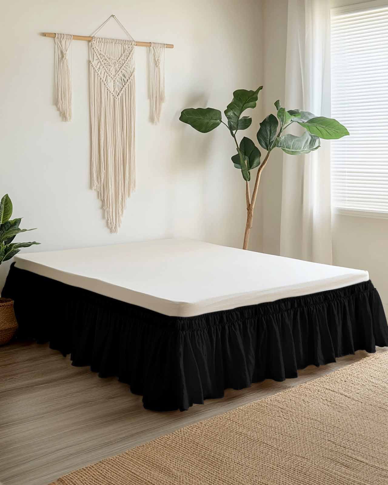 Pure Black Wrap Around Bed Skirts for King Bed 18" Drop, Bed Skirt with Adjustable Elastic Belt Dust Ruffle Bed Valance for Bedroom Hotel Luxury Simple Solid Color Bed Frame Cover