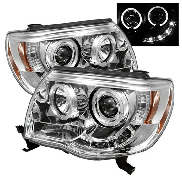 Fits 2005-2010 Toyota Tacoma Spyder Automotive Headlight Assembly 5011923 Halogen Bulb; Projector Beam With LED Halo; High H1/Low H1 Clear Bulb; Clear Lens; Chrome Plated Housing; Set of 2