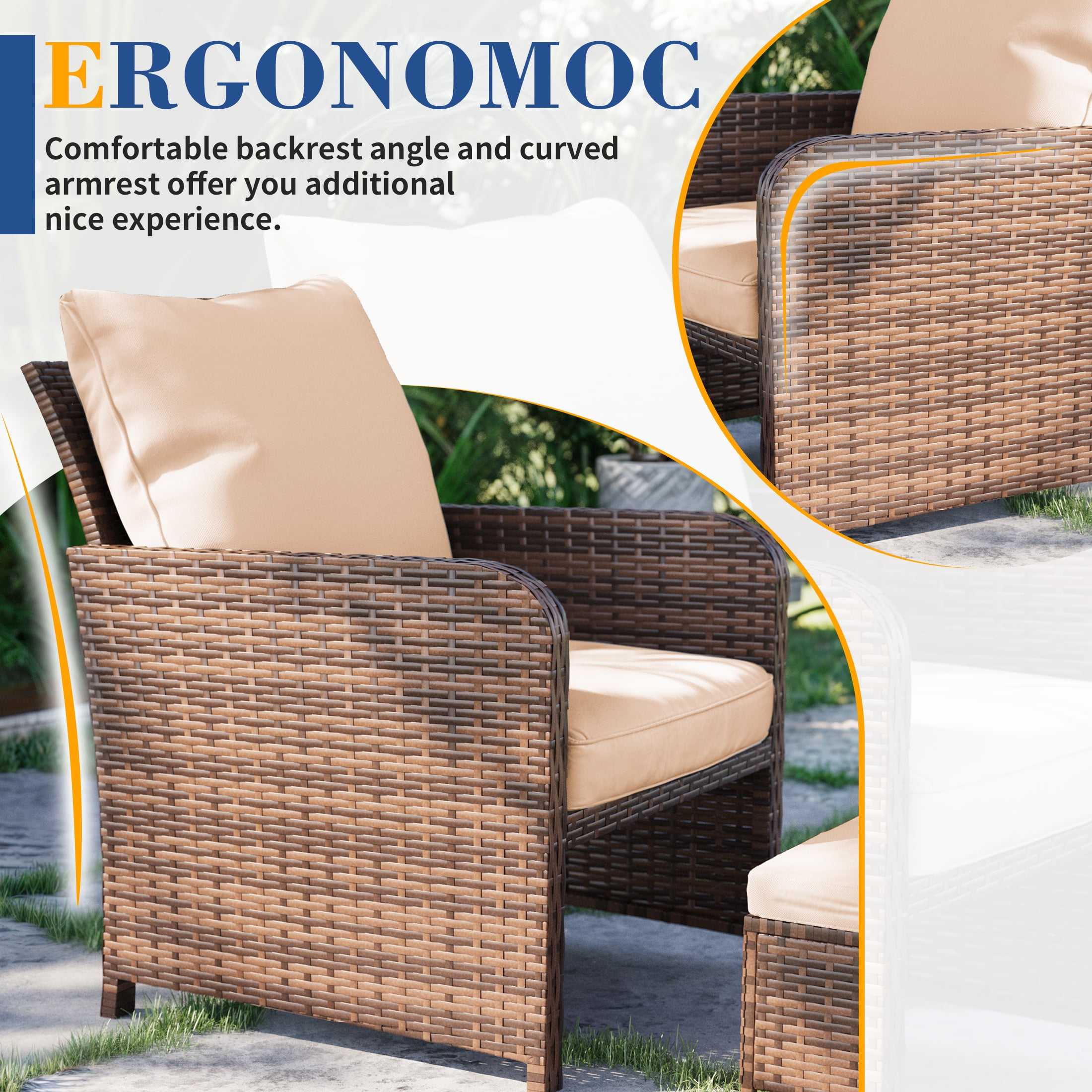 Poteban Balcony Furniture 5 Piece Patio Furniture Set, Outdoor Patio Chair with Ottoman for Front Porch Deck, Wicker Lounge Chair with Side Table, Khaki