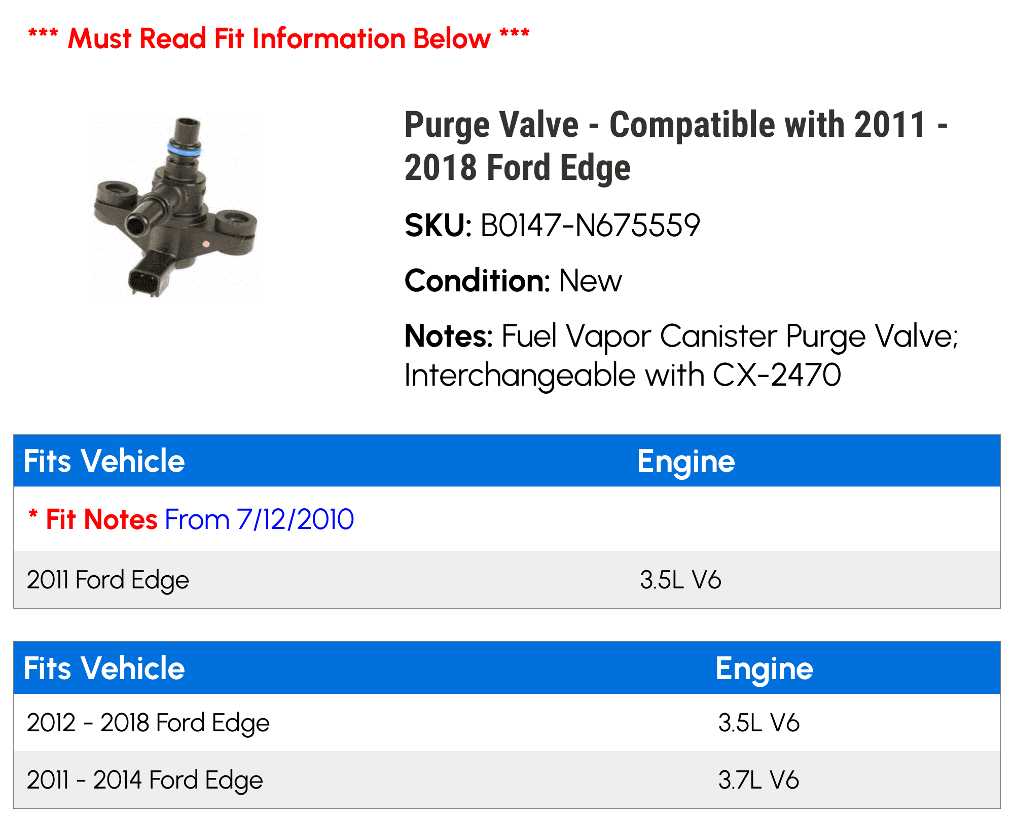 Purge Valve - Compatible with 2011 - 2018 Ford Edge 2012 2013 2014 2015 2016 2017