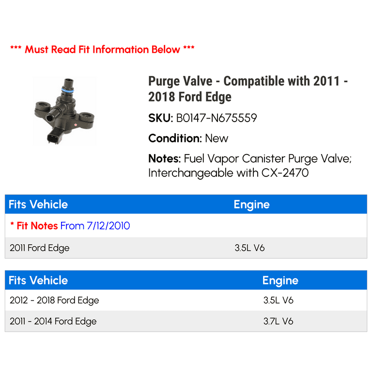 Purge Valve - Compatible with 2011 - 2018 Ford Edge 2012 2013 2014 2015  2016 2017 - Walmart.com