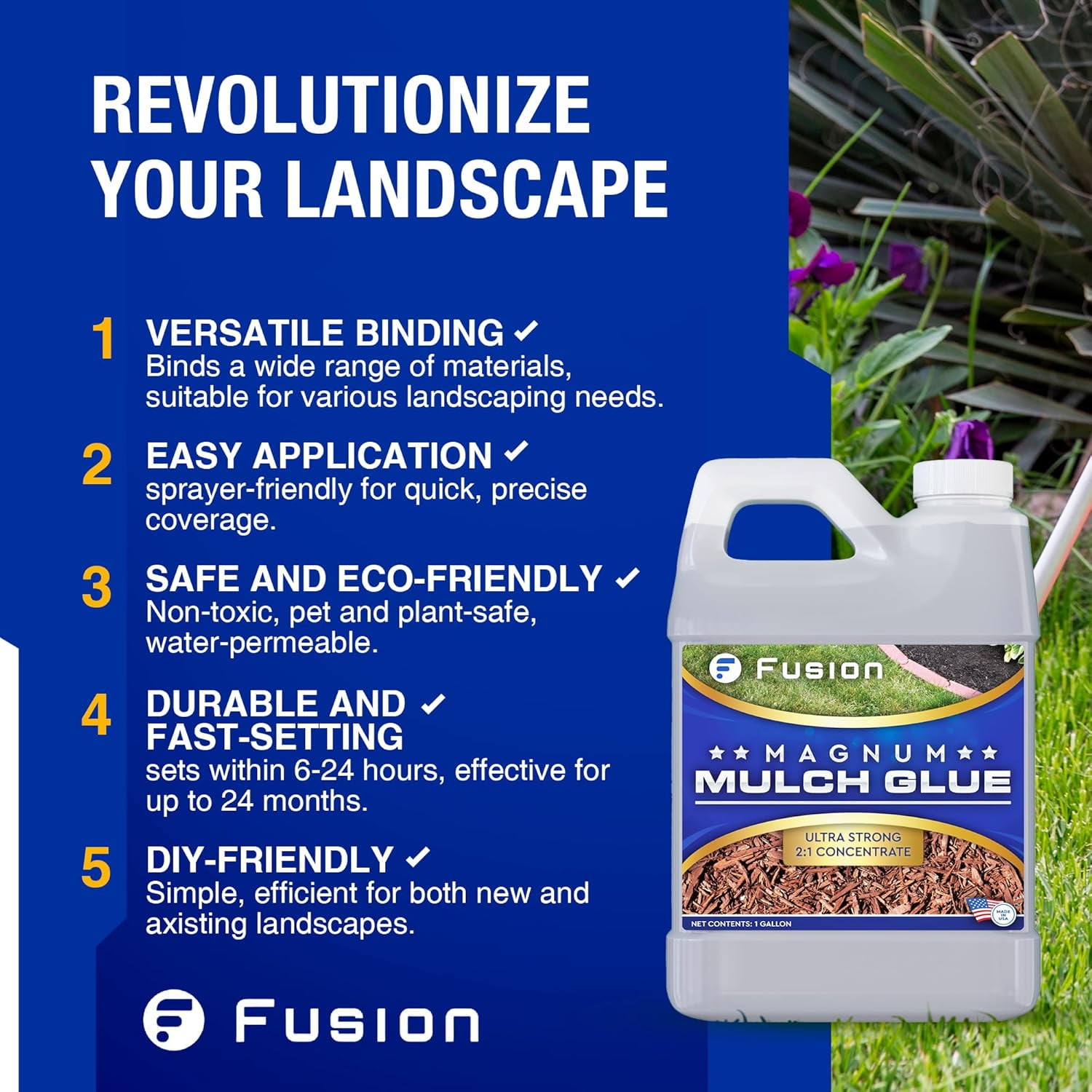 Fusion Magnum Mulch Glue (1 Gallon) - Mulch Glue for Landscaping and Pea Gravel Stabilizer, Fast-Dry, Non-Toxic, Strong Landscape Mulch and Rock Glue by Fusion Chemical
