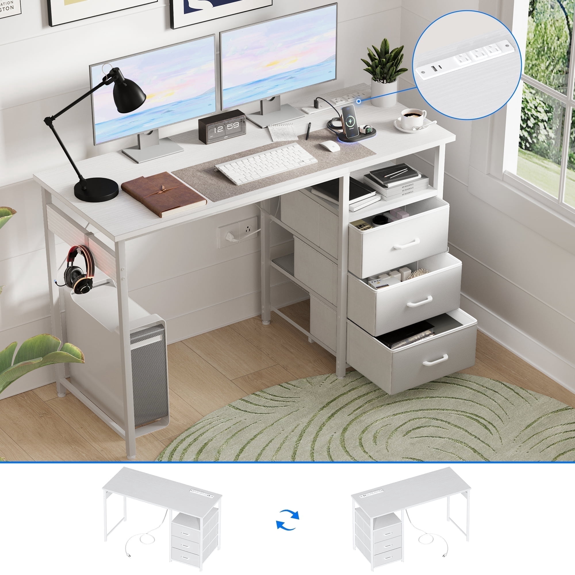 48 inch Computer Desk with Power Outlets, Home Office Desk with 3 Drawers, Writing Desk, Vanity Desk for bedroom, White