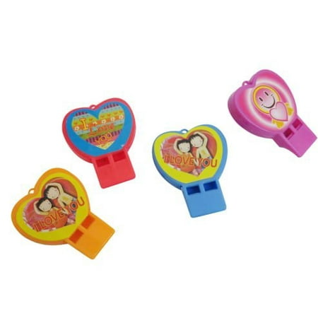 Valentine's Pack of 24 Colored Shaped Whistles | Dazzling Toys Heart Shaped Whistles | Assorted Designs