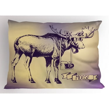 Ambesonne Moose Pillow Sham, Hipster Deer with Camera, 26" X 20", Purple Beige