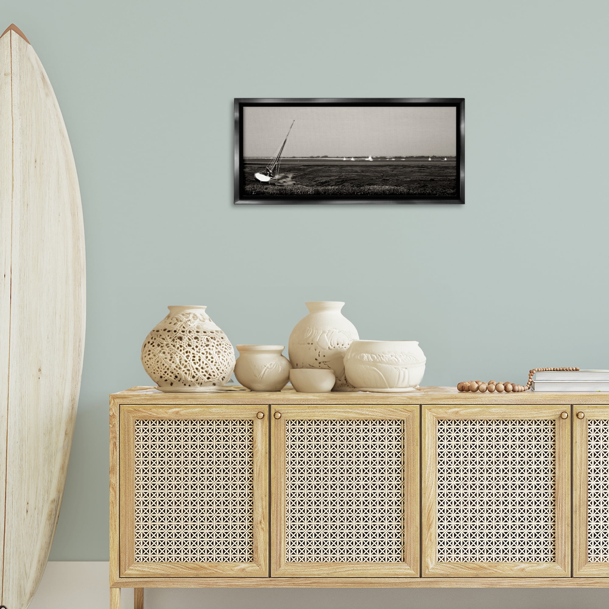 Stupell Industries Boating Towards Hayling Coastal Photography Black Floater Framed Canvas Art Print Wall Art, 31 x 14
