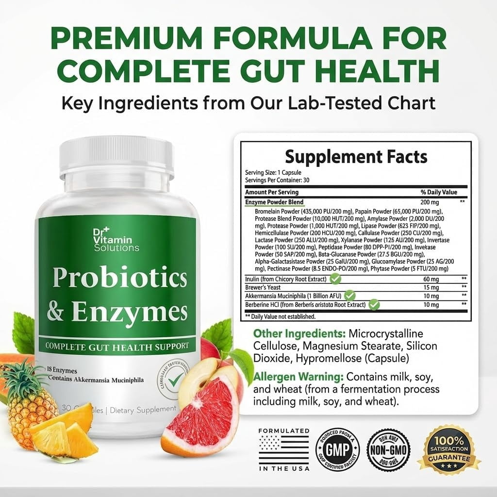 DR Vitamin Solutions GLP-1 Support Digestive Enzymes & Probiotic Supplement Capsules with Akkermansia, 30 Count