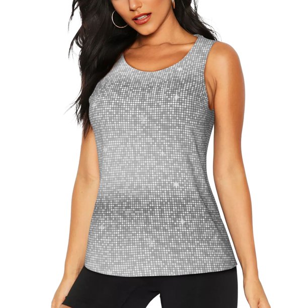Fotbe Silver Mosaic Blusas Sin Mangas para Mujer – Estilo Casual, Corte Suelto, Slim-Fit, Cuello Redondo Deportivo, Tops de Verano para Gimnasio y Yoga-Medium