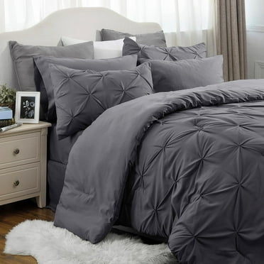 Dark Grey Comforter Set Queen - Bed in a Bag Queen 7 Pieces, Pintuck Bedding Sets Dark Grey Bed Set with Comforter, Sheets, Pillowcases & Shams