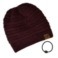 thumbnail image 3 of C.C Unisex Chunky Soft Stretch Cable Knit Warm Fuzzy Lined Skully Beanie, Heather Wine with Hair Tie, 3 of 5