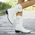 thumbnail image 4 of Retro Slouch Wide Mid Calf Boots for Women Ruched Leather Pointed Toe Chunky Low Heel Dress Short Booties White Size 9, 4 of 6