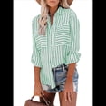 thumbnail image 3 of Camisas A Rayas con Botones para Mujer, Blusas Casuales de Larga con Cuello en V y Bolsillos Verde XXL, 3 of 7