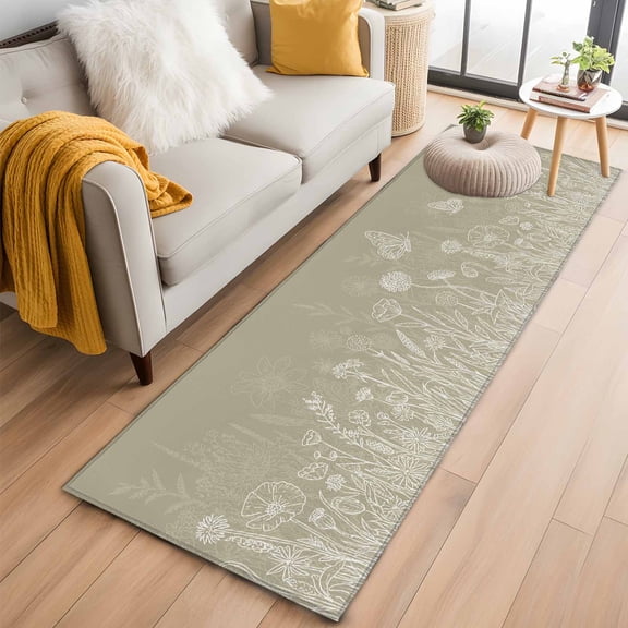Kitchen Runner 2 x 6 Ft, Green Brown Wildflowers Non-Slip Residential Carpet, Modern Floral Butterfly Plant Indoor Crawling Mats Runner Rugs for Living Room/Dining Room/Bedroom