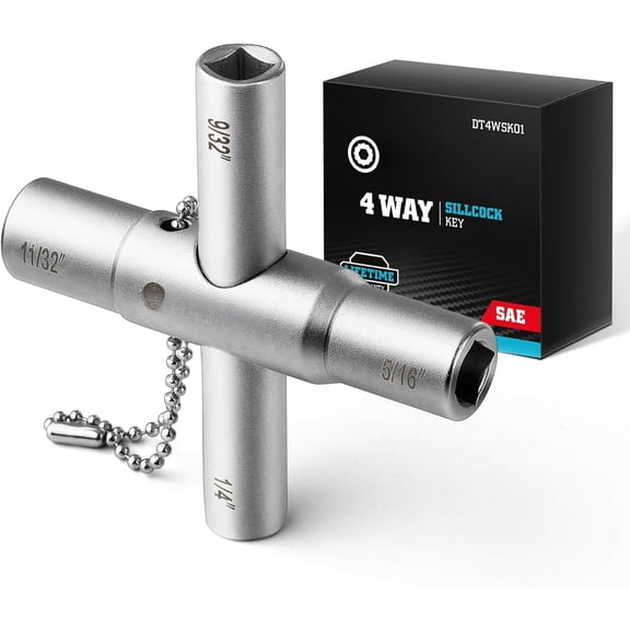4 Way Sillcock Key, 1/4", 9/32", 5/16", 11/32", 1-Pack, for Valve, Faucet, and Spigots