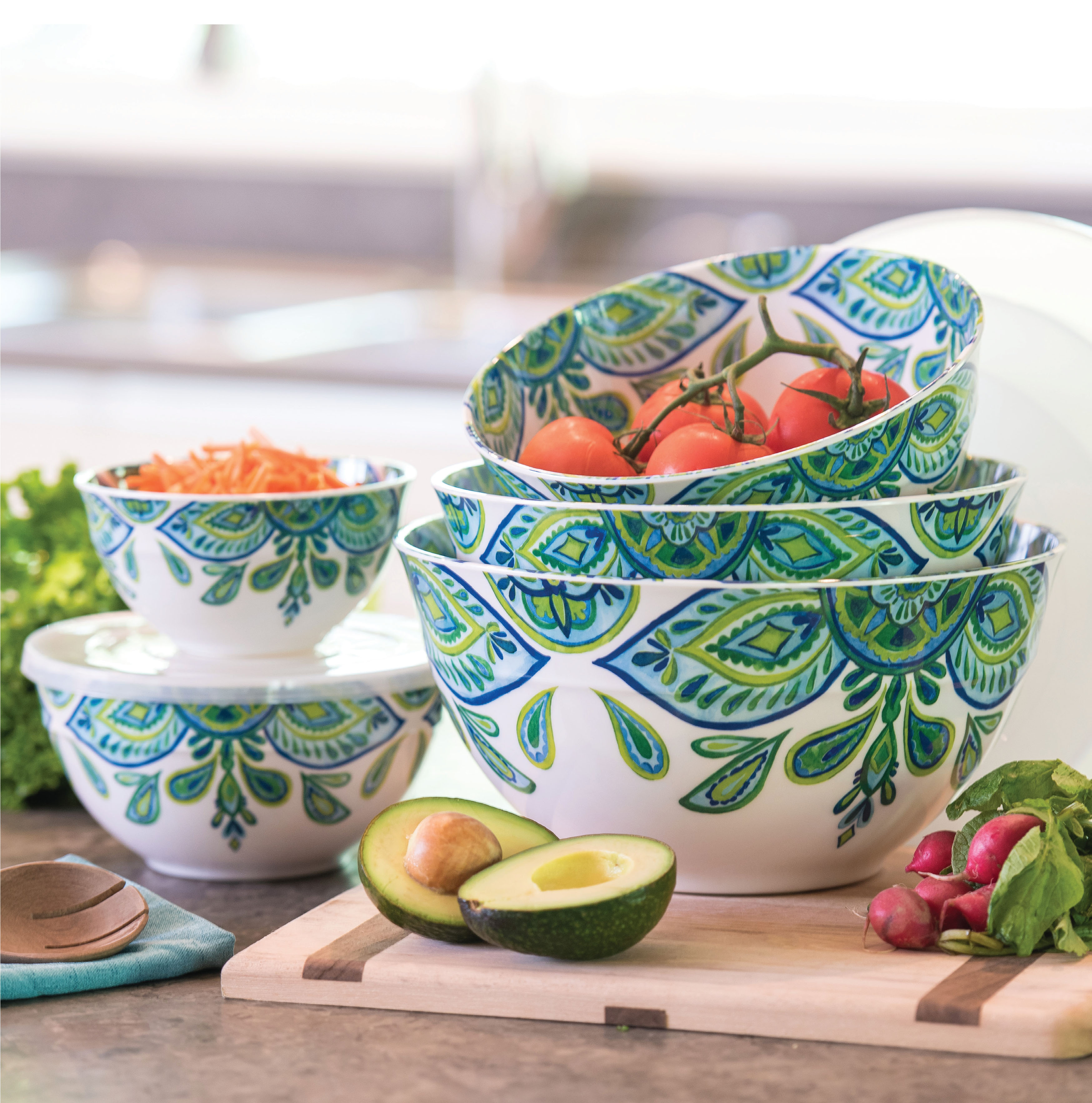 10 Piece Melamine Mixing Bowl Set with Lids, Green and Blue Floral - image 3 of 8