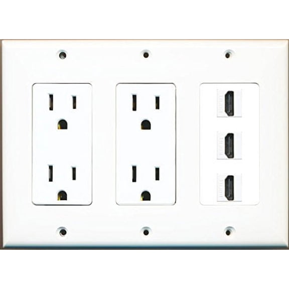 RiteAV 15 Amp 125V Power Outlets x 2 and 3 HDMI Triple Gang Wall Plate White