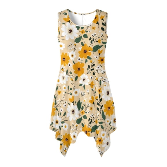 HELLHERO Ladies Irregular Hem Casual Dress, Yellow White Floral Asymmetric Sleeveless Sundress, with Side Pockets Midi Dress for Pool Party and Vacation