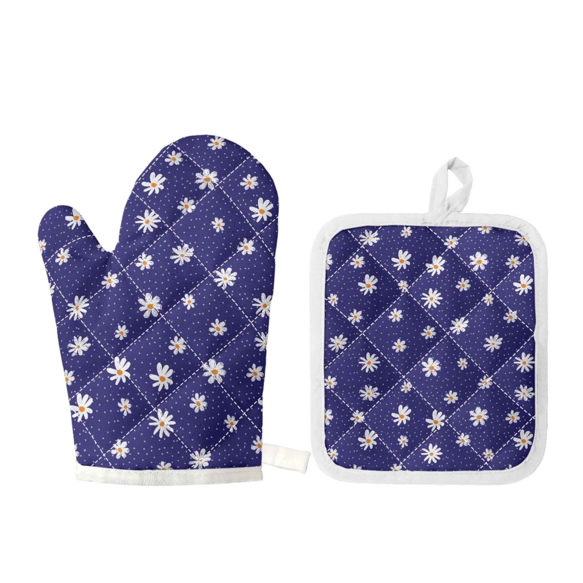 Vodetik Store Bellis Perennis Oven Mitt & Pot Holder Set 2pcs Daisy