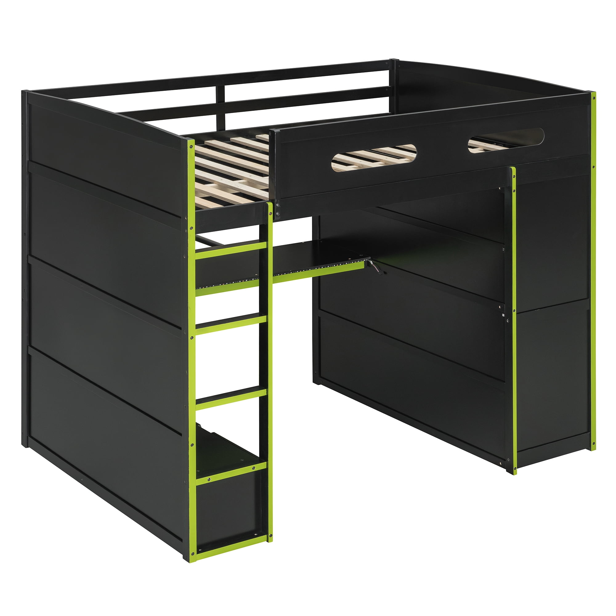 Aukfa Full Size Gaming Loft Bed, Esports Bed Frame with Desk, Wardrobe, RGB LED Lights & Charging Station, Shelves, Green