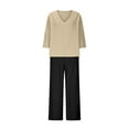 thumbnail image 4 of FRSASU Womens 2 Piece Cotton Linen Pants Suit Solid Casual Loose Outfit V Neck Top Shirts Wide Leg Trousers Sets Khaki L(L), 4 of 5