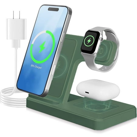 Wireless Charger 3 in 1 Charging Station for iPhone Fast Charging Portable Charger Compatible for iPhone 17 16 15 14 13 12 11 Pro Max Mini Plus SE X XS 8 Plus & iWatch AirPods Dark Green
