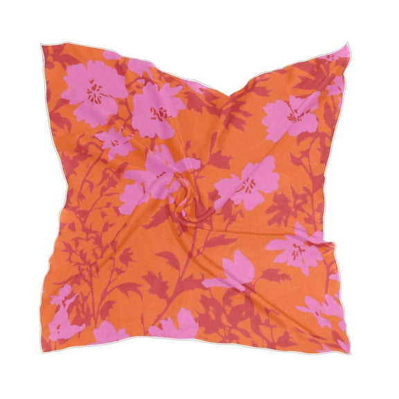 Coral Pink Floral Pattern Women's Fashion Soft Scarf Square Satin Head Scarf Neck Scarf Head Hair Wraps