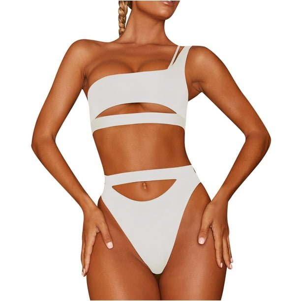 WREESH Women Swimwear One Shoulder High Waist Solid Split Swimsuit Bikini 
