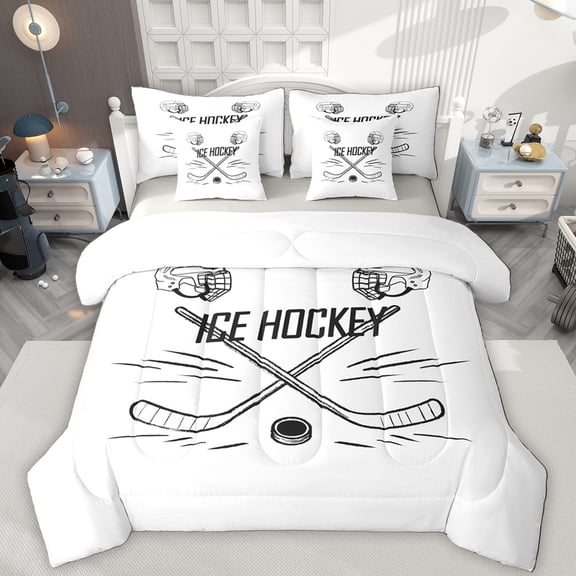 Manfei Boys Ball Game 7-Piece Twin Bedding Sets,Ice Hockey Lovers Bedding Comforter Set,White Black Sheet Sets For Boys Kids,Microfiber Bedroom Decor Reversible