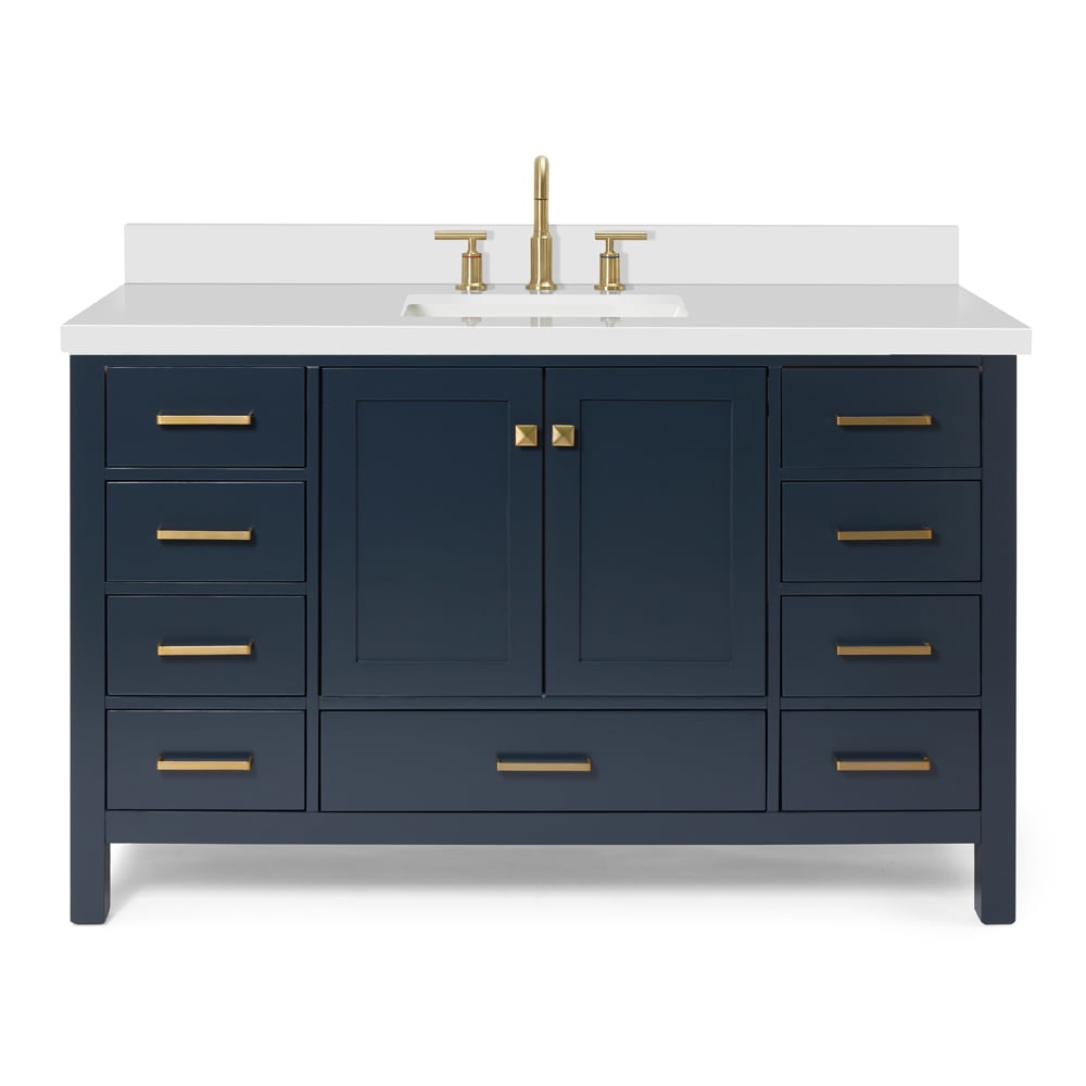ARIEL Cambridge 55" Midnight Blue Bathroom Vanity with Sink, 1.5" Edge Pure White Quartz Countertop & Backsplash, Center Rectangular Sink, 2 Soft Closing Doors, 9 Full Extension Dovetail Drawers