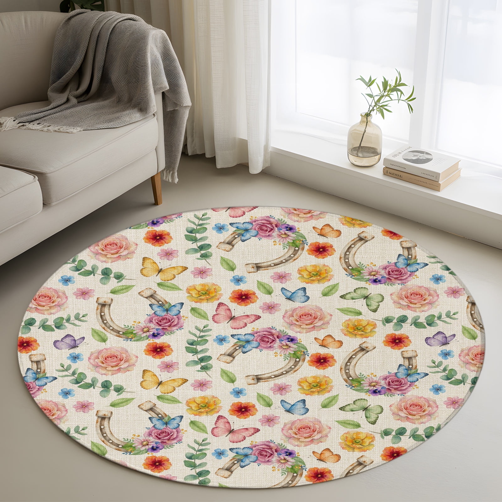 Round Rug 3ft Area Rug Horseshoe Floral Linen Area Rugs for Living Room Bedroom Rustic Floral Butterfly Floor Mat Non-Slip Non-Shedding Carpet Indoor Accent Rugs