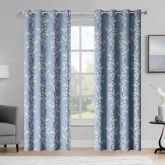Blue Floral Blackout Window Curtains, Watercolor Floral Leaf Print Farmhouse Decor For Bedroom, Living Room, Grommet Window Drapes 42"W x 96"L (Pack of 2)