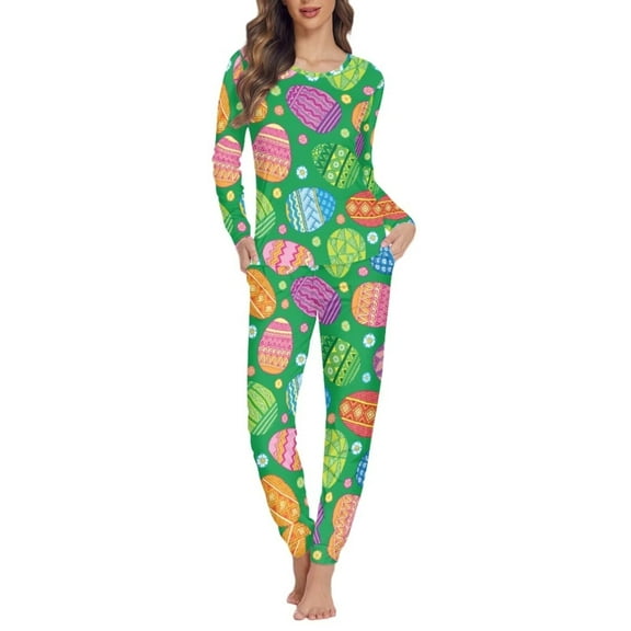 FKELYI Easter Eggs Pajamas Green Size XS Polyester Long Sleeve Nightwear for Women Sleepwear 2-Pack Comfortable Crew Neck Daily Life Night Wear