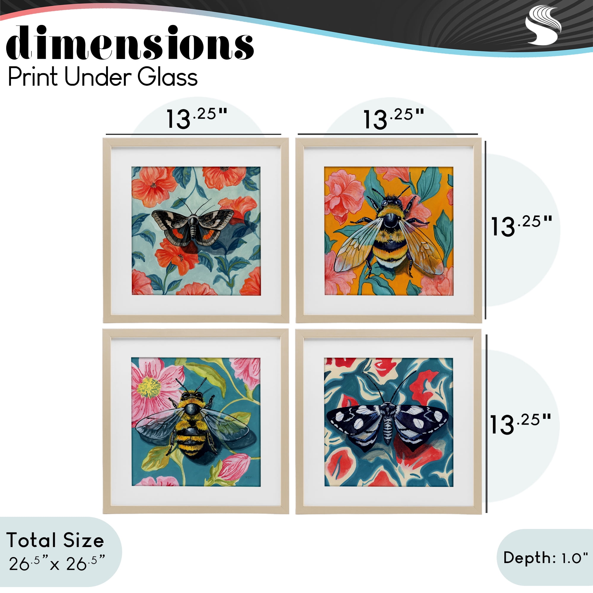 Stupell Industries Insects on Flower Patterns 4 Piece Birch Framed Print Under Glass Set, design by Kate Jarvik Birch