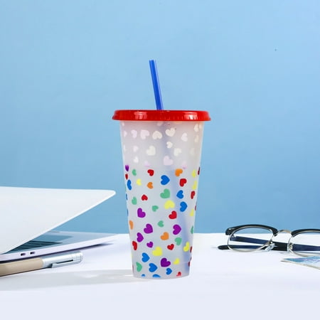 

Color Changing Tumbler with Lids and Straw Reusable for Cold Drink Heart Shape Pattern for Adults & Kids Red