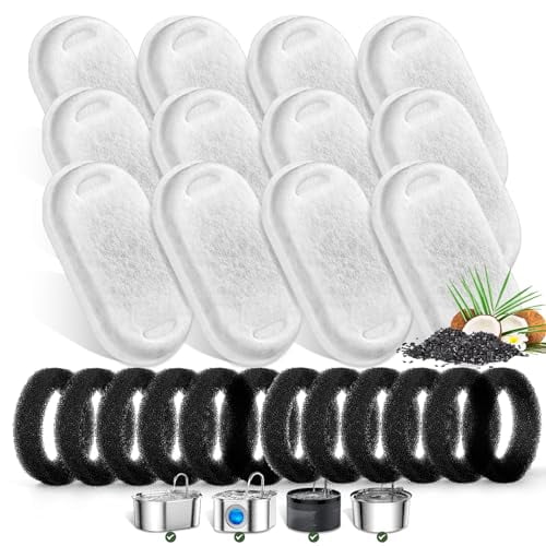 Cat Water Fountain Filters for Stainless Steel 67oz/2L Adjustable Water Flow Pet Fountain,12 Pack Pet Replacement Filters with 12 Sponges