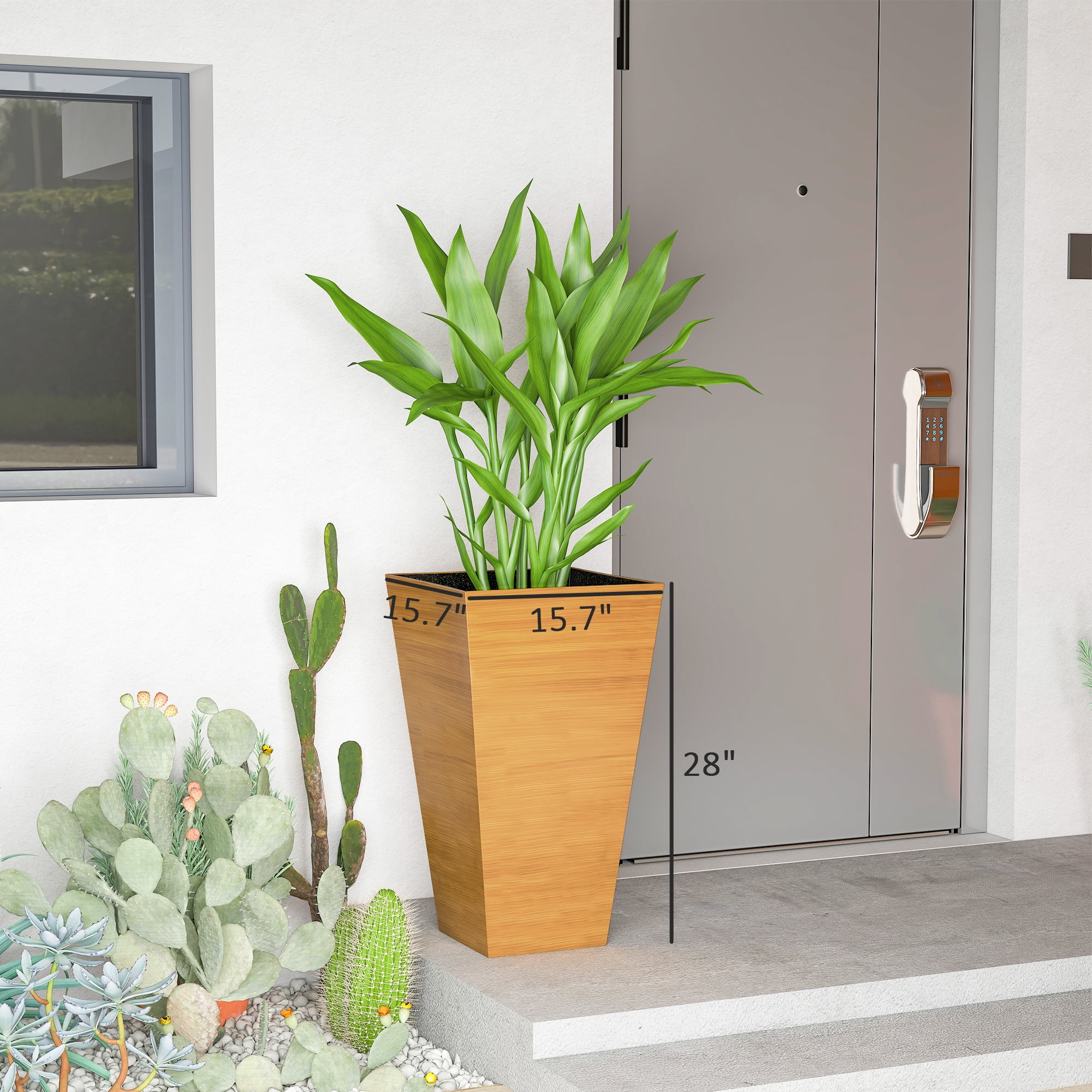 Set of 3 Tall Planters, 28" Outdoor Planter w/ Drainage Holes, Faux Wood Plastic Flower Pots, Light Brown