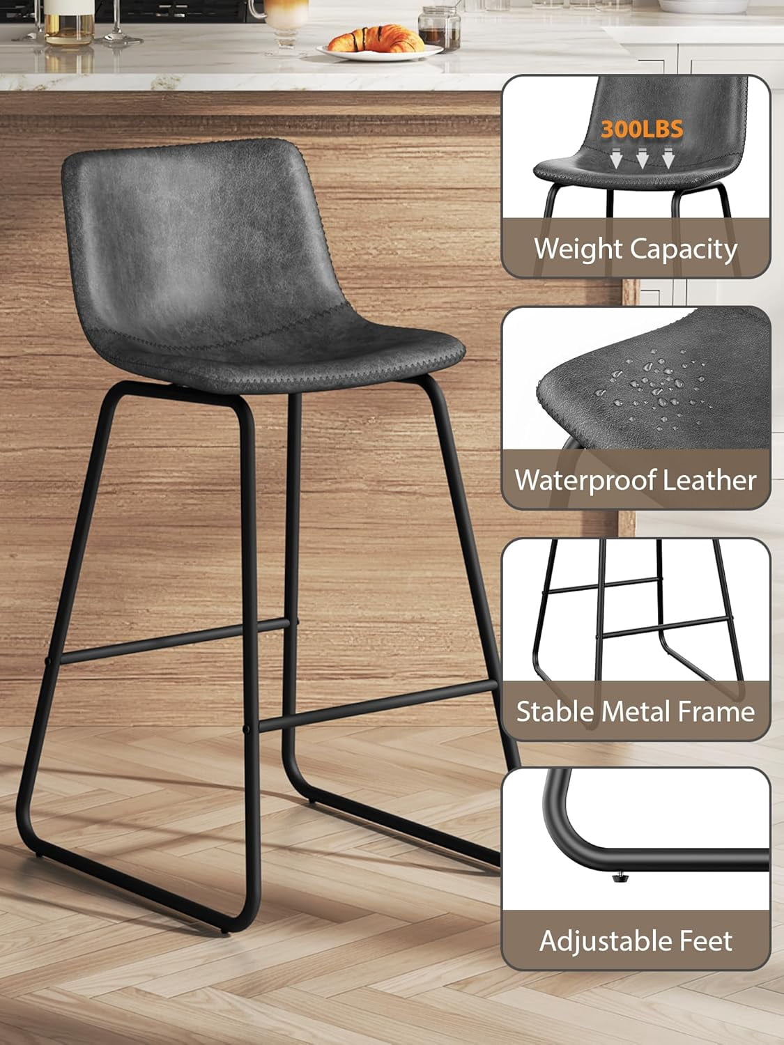 LainTene 26" Bar Stools Set of 2 – Faux Leather Counter Height Stools with Backrest & Footrest, Heavy-Duty Metal Frame for Kitchen, Bar, Living Room, Gray