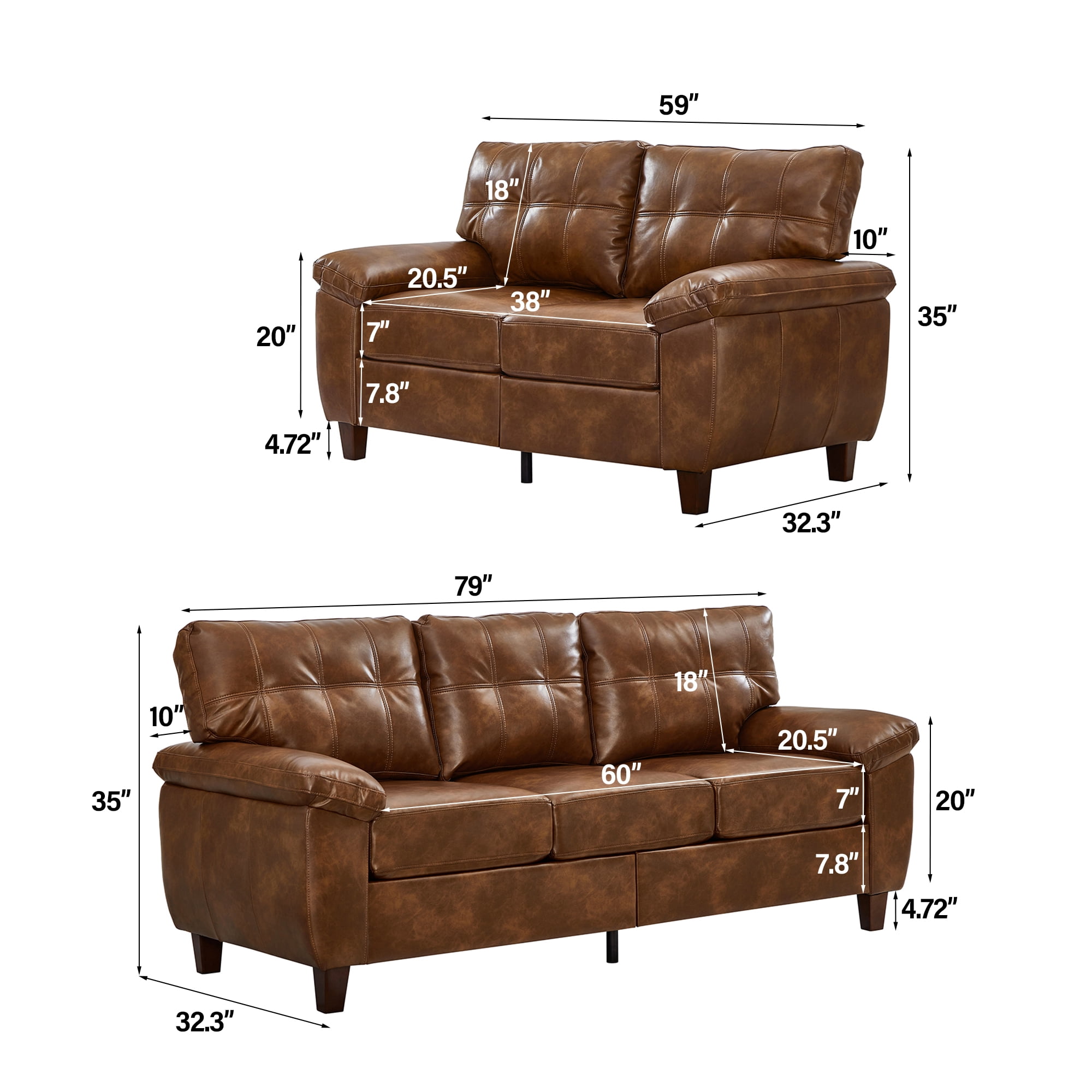 Aukfa 2-Piece PU Leather Sofa Set, Vintage 3-Seater Couch and Loveseat with Storage Space, Upholstered Living Room Furniture Set, Brown