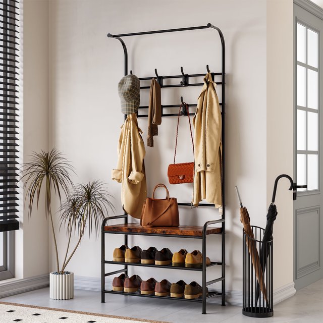Cherish Coat Rack Shoe Bench with 3-Tier Storage Shelf and 8 Hooks, 3-in-1 Hall Tree Shoe Rack for Entryway, Brown