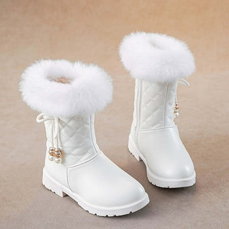 Hinvhai Children s Girls Casual Snow Boots Winter Fashion Classic Knee High Thick Plush Warm Princess Short Boots Toddler Girls Solid Color Riding Boots White 7.5 Years(34)