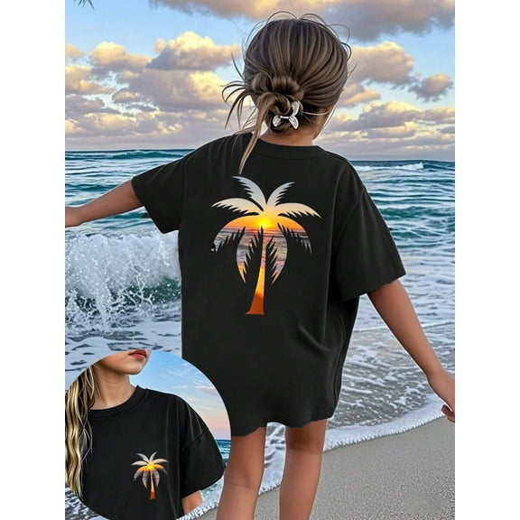 1pc Girls Oversized Palm Tree Print Pullover Navy Blue Short Sleeve T-Shirt, Student Youth Clothing Perfect For Beach Playtime In Summer