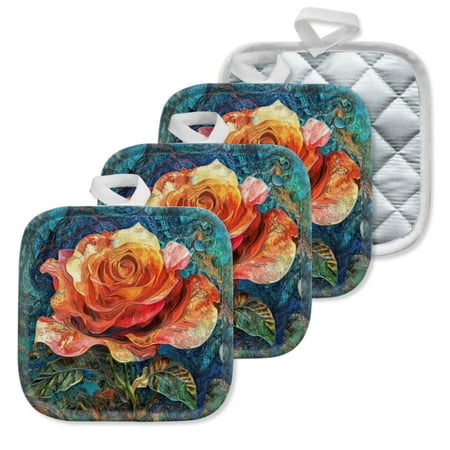 

4Pcs Pot Holder for Kitchen Orange Red Rose Oil Painting Composition Square Heat Resistant Hotpads 8x8in Non Slip Dirt-Proof Kitchen Cook Oven Potholders Machine Washable